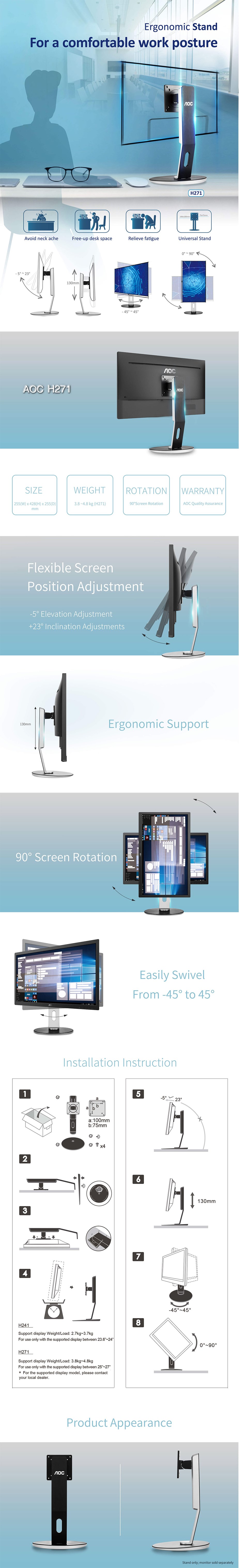 Aoc H271 Ergonomic Monitor Stand Umart Com Au