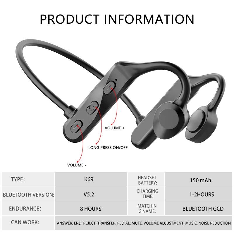 K69 Bone Conduction Headphones TWS Wireless Sports Earphone Fone Bluetooth Headset Handsfree With mic For Running Gaming Headset Black Umart .au