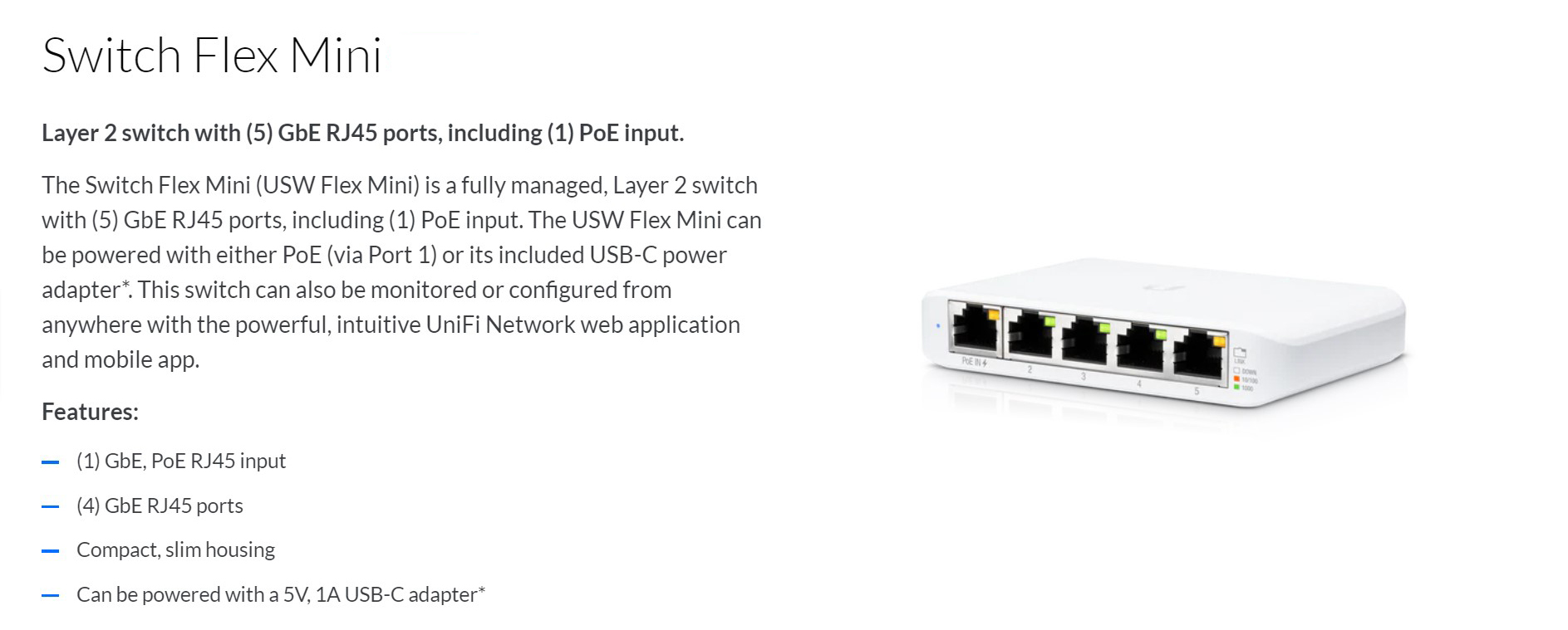 Ubiquiti USW Flex Mini 5 Port Managed UniFi Switch - Umart.com.au