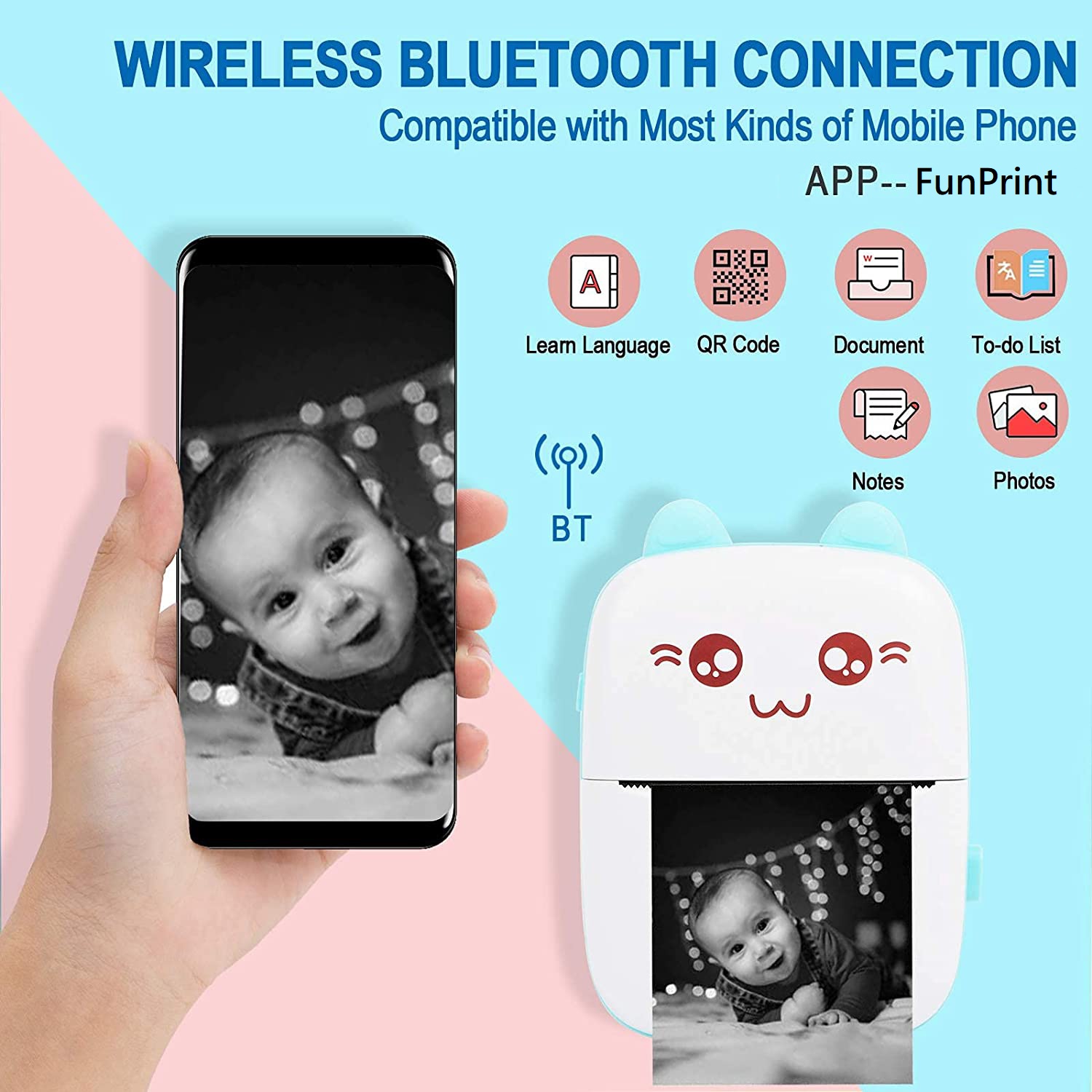 Blue Pocket Printer Compatible with All Smartphones Portable Notes Printer Thermal Bluetooth Label Printer with 6 Printing Paper Thermal Printer 