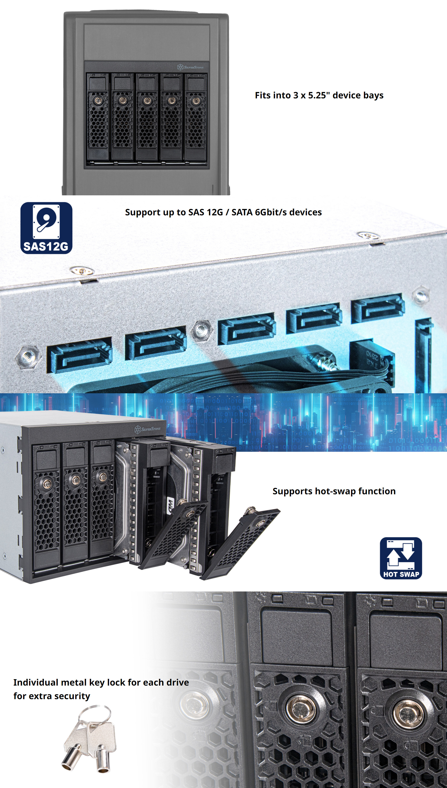 NAS-Network-Storage-SilverStone-FS305-W-3x-5-25-Devise-Bay-to-5x-3-5in-SAS-12G-Hot-Swap-Adapter-Cage-1