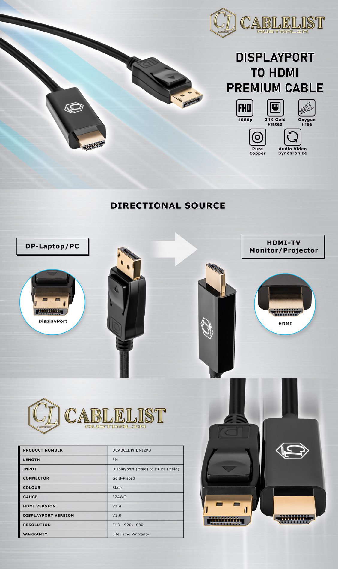 DisplayPort-Cables-Cablelist-2K-DisplayPort-Male-to-HDMI-Male-Cable-3m-2