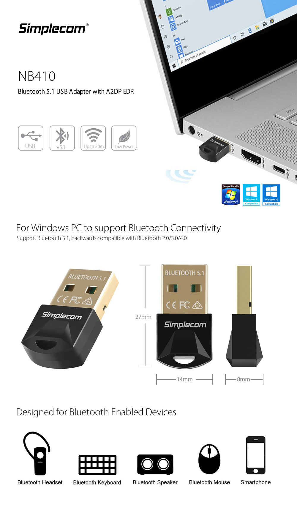 Simplecom USB2.0 Bluetooth V5.1 Dongle (NB410) - Umart.com.au