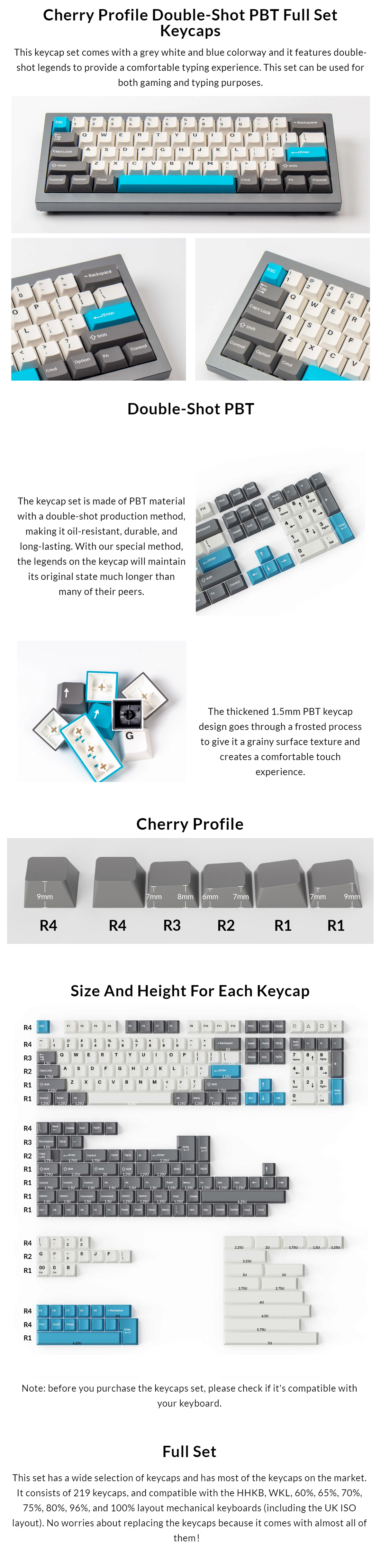 Keychron Cherry Profile Double Shot Pbt Full Set Keycaps Grey White And Blue Acckckcpbt12 3083