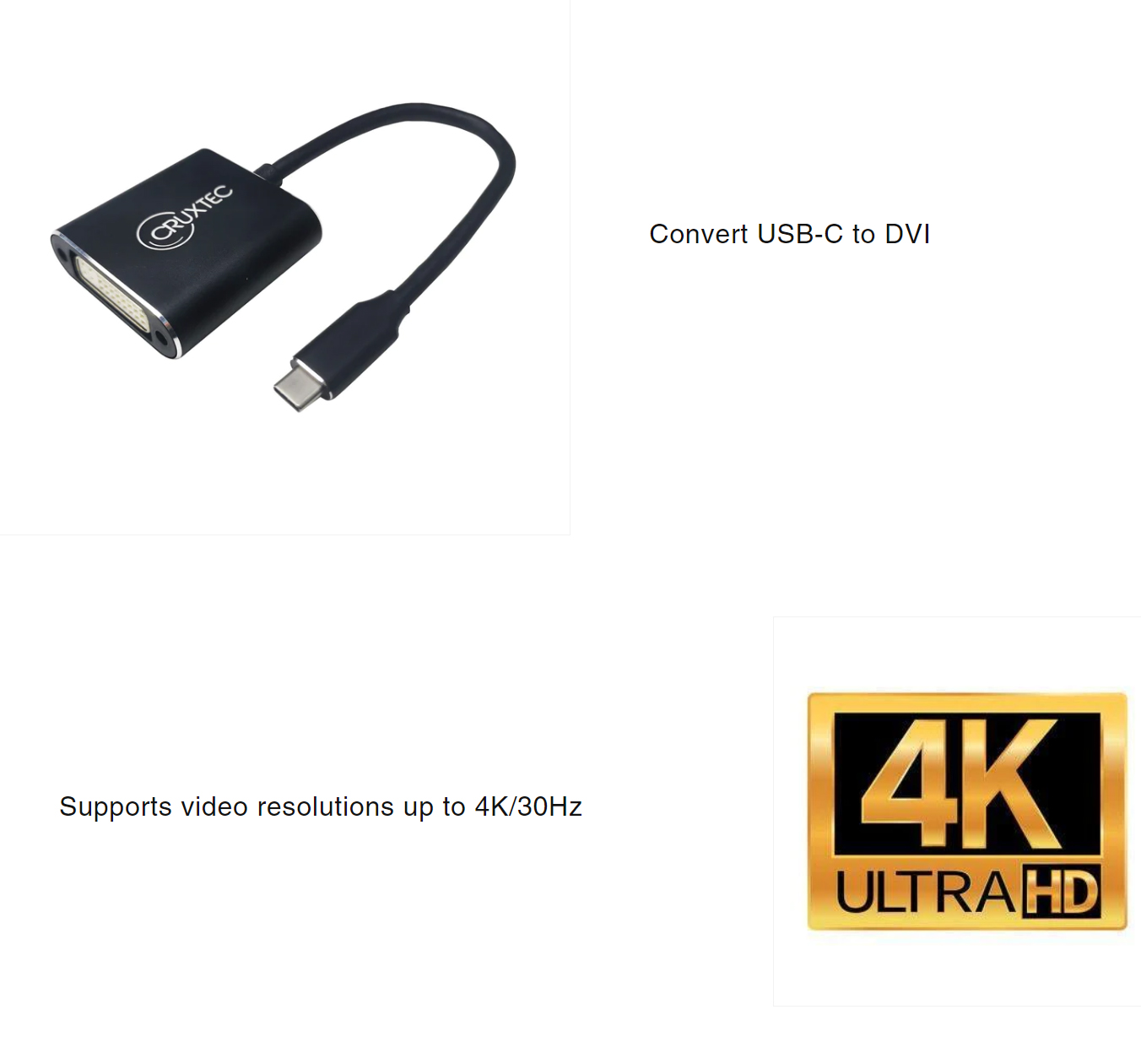 Display-Adapters-Cruxtec-CTD4K-R1-BK-USB-C-to-DVI-Adapter-with-Cable-Black-2