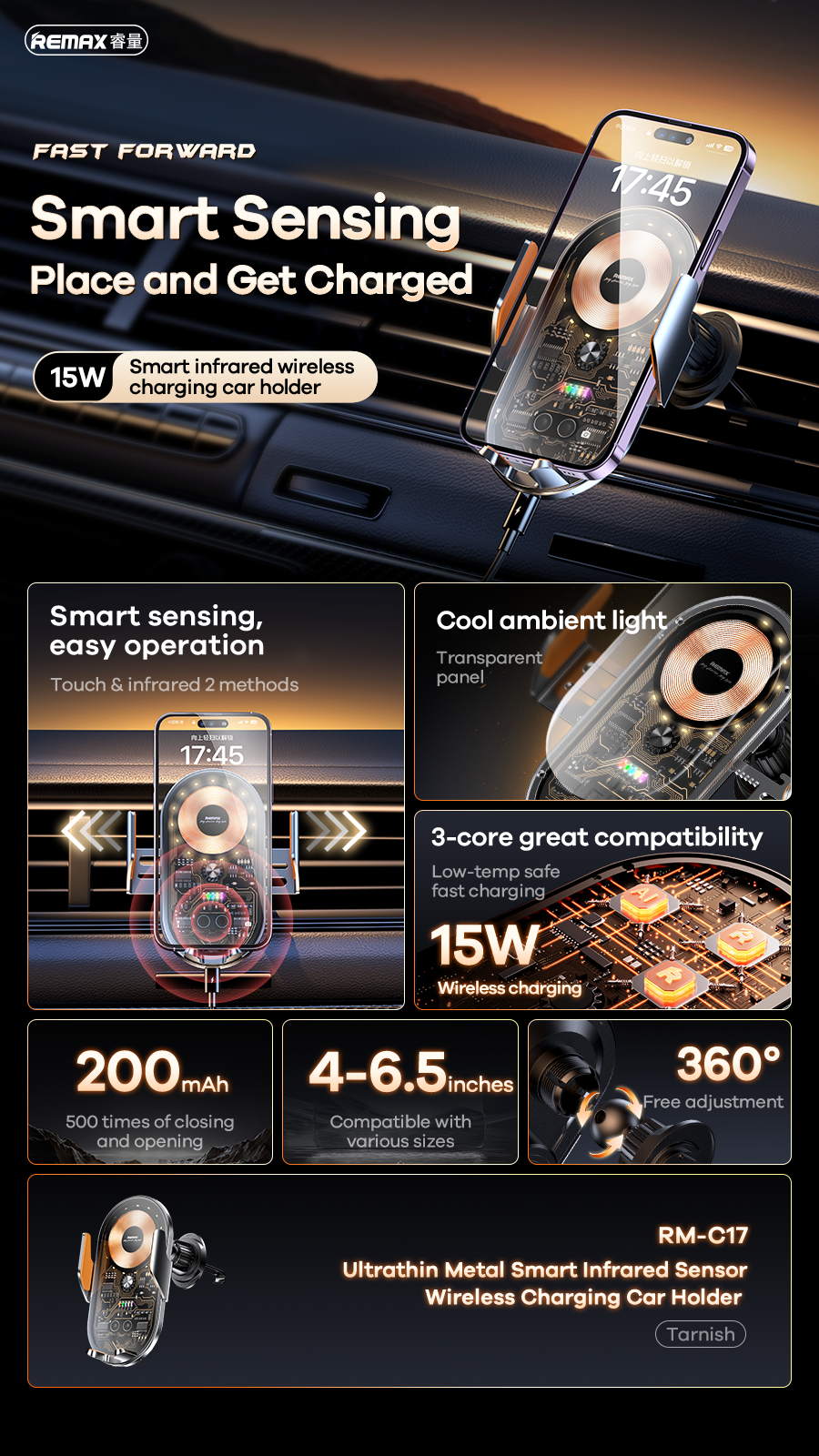 Phones-Accessories-MOREJOY-Remax-15W-Smart-Infrared-Sensor-Wireless-Charging-Car-Holder-Car-Charger-Fast-Charging-low-temp-Safe-Black-7