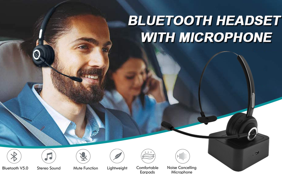 Trucker Bluetooth Headset, V5.0 Bluetooth Headset with Microphone Noise  Canceling, 18hr Talktime Wireless Headset with Standing Dock, Car Bluetooth