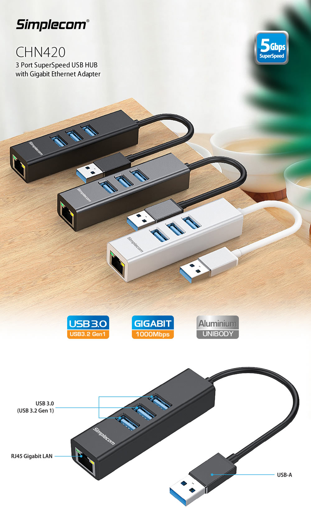 USB-Hubs-Simplecom-CHN420-3-Port-Aluminium-USB-A-Hub-to-USB-A-with-Gigabit-Ethernet-Adapter-Black-1