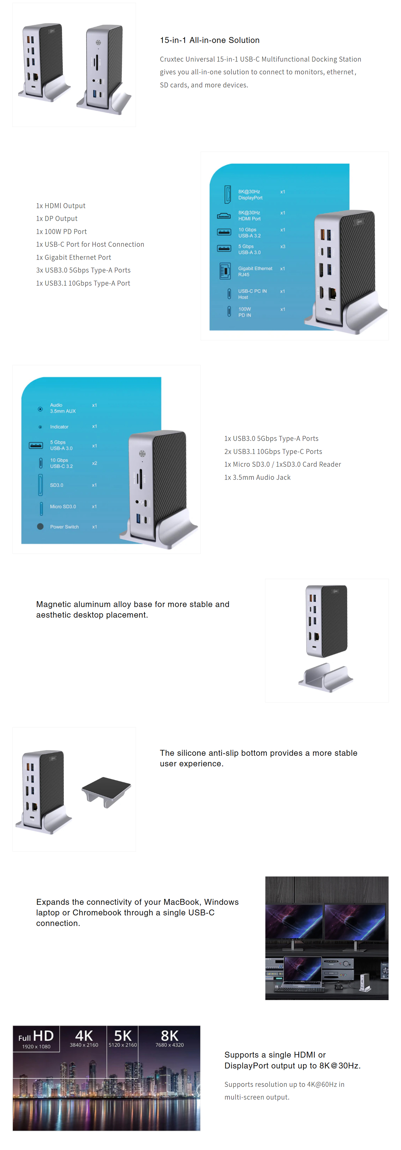 USB-Hubs-Cruxtec-Universal-15-in-1-USB-C-Multifunctional-Docking-Station-CDK15-BK-1