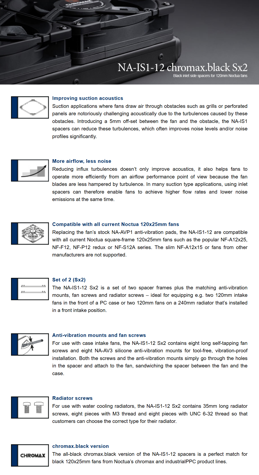 Fan-Accessories-Noctua-Inlet-Side-Spacers-for-120mm-Noctua-Fans-Chromax-Black-NA-IS1-12-CH-BK-SX2-8