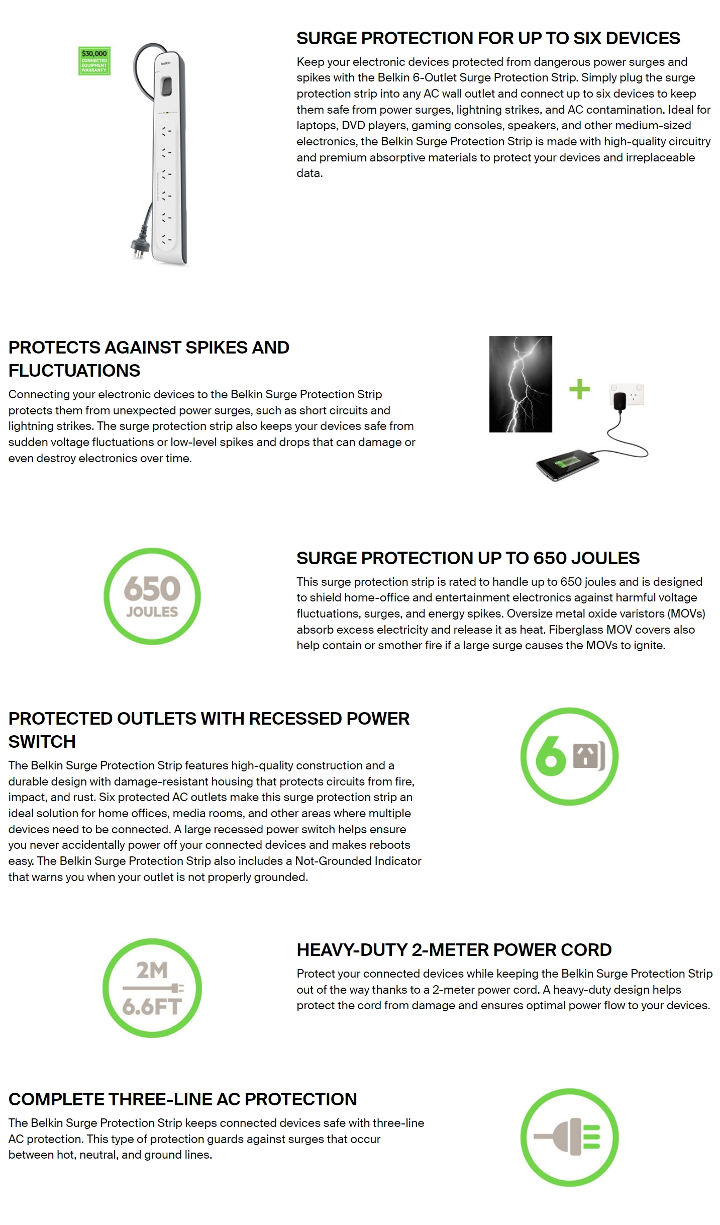 UPS-Power-Protection-Belkin-SurgeMaster-6-Outlet-Surge-Protection-Strip-with-2M-Power-Cord-BSV603AU2M-1