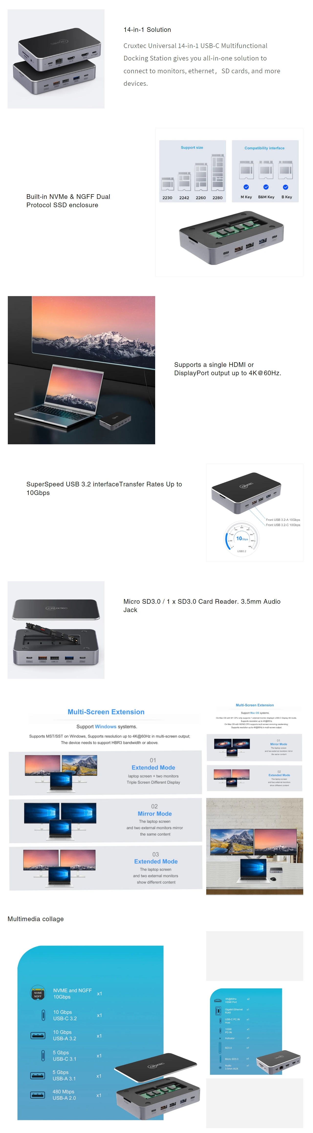 Enclosures-Docking-Cruxtec-Universal-14-in-1-USB-C-Multifunctional-Docking-Station-with-SSD-Enclosure-CDK14-SG-1