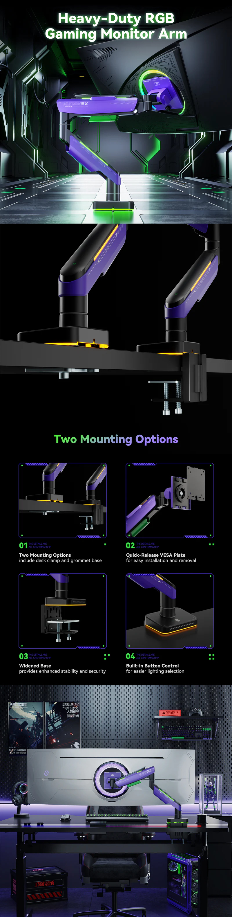 Monitor-Accessories-Humanmotion-T18-Single-Screen-Heavy-Duty-Aluminum-Steel-Monitor-Arm-for-up-to-17in-49in-2-20kg-Matte-Black-and-Dark-Purple-T18-1X-1