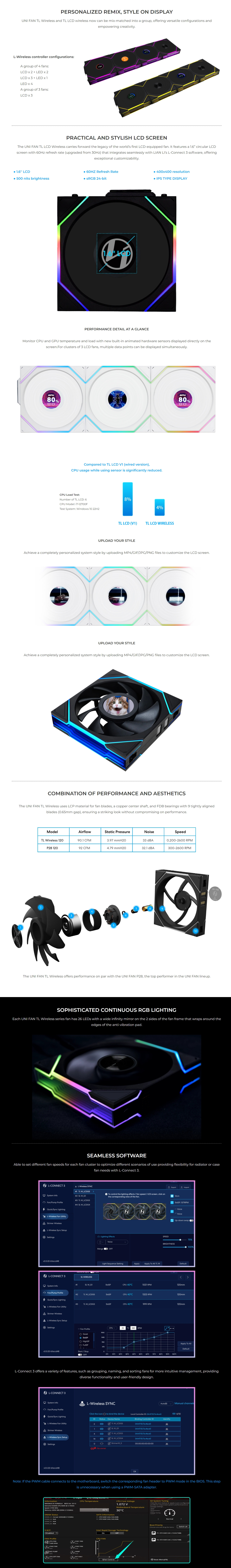 120mm-Case-Fans-Lian-Li-UNI-Fan-TL-LCD-120-Wireless-Reverse-Blade-Fan-3-Pack-with-Controller-12RTLLCD1W3B-2