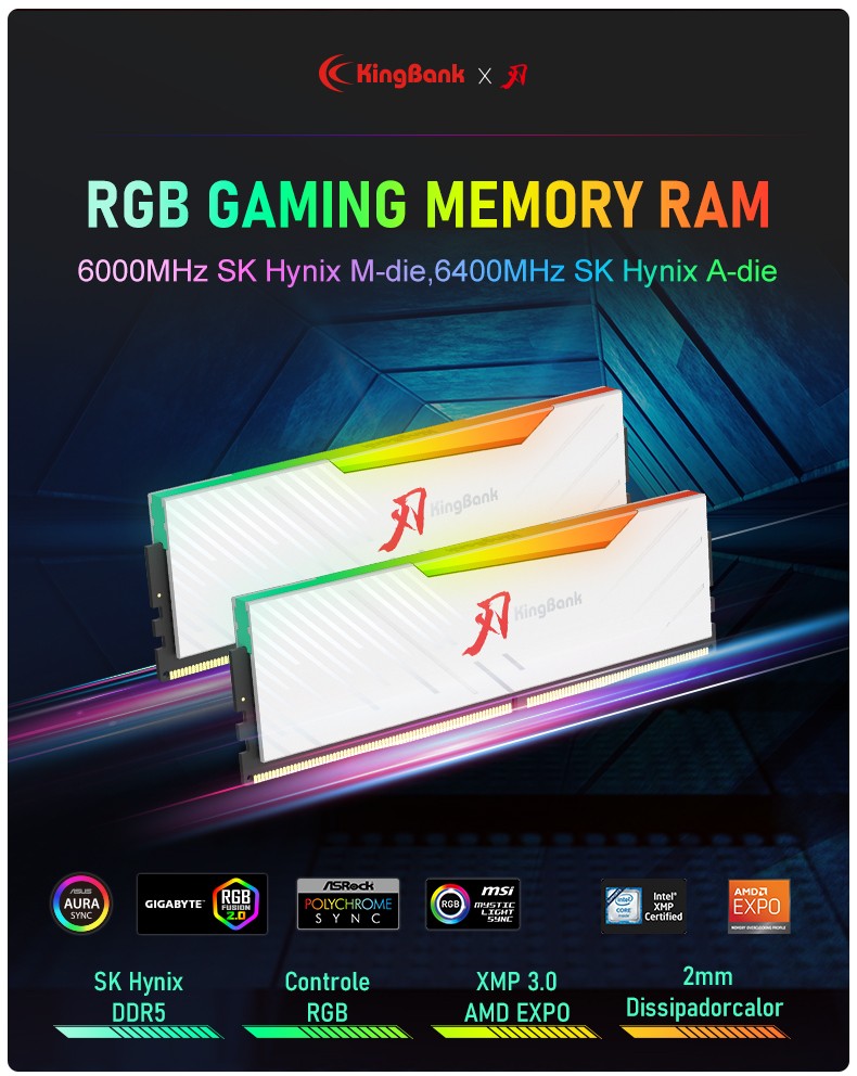 Memory-RAM-Kingbank-KRRW-DDR5-6000MHz-32GB-2-UDIMM-M-Hynix-CL36-White-RGB-14