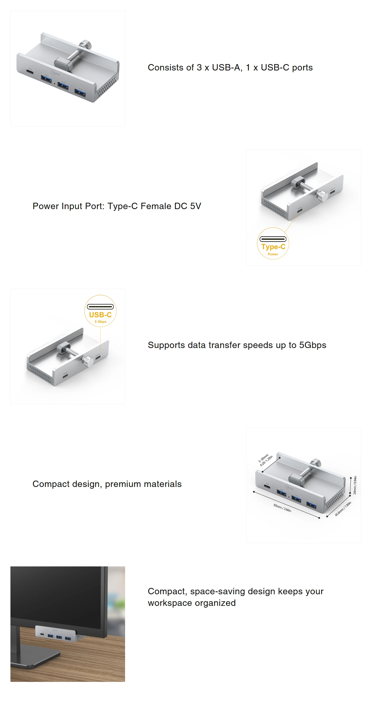 USB-Hubs-Cruxtec-4-Port-Aluminum-Clamp-USB-3-0-HUB-with-USB-C-Power-Supply-Port-TC3-1C3A-SV-1