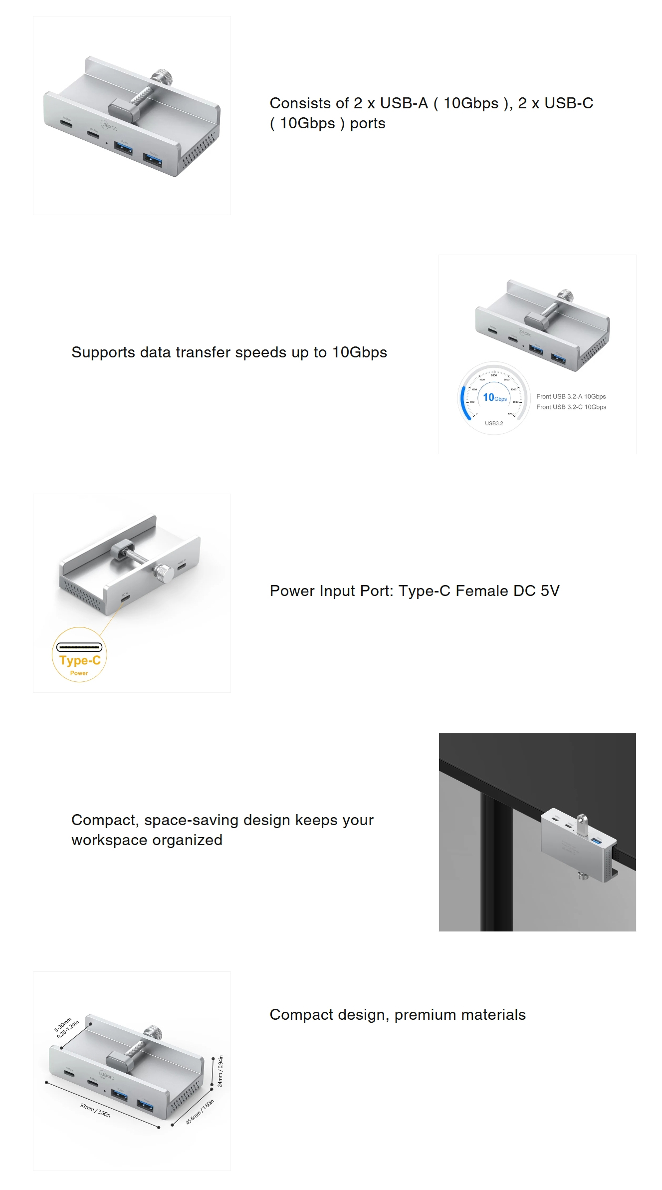 USB-Hubs-Cruxtec-4-Port-Aluminum-Clamp-USB-3-1-Gen2-10Gbps-Hub-with-USB-C-Power-Supply-Port-TC3-2C2A-SV-1