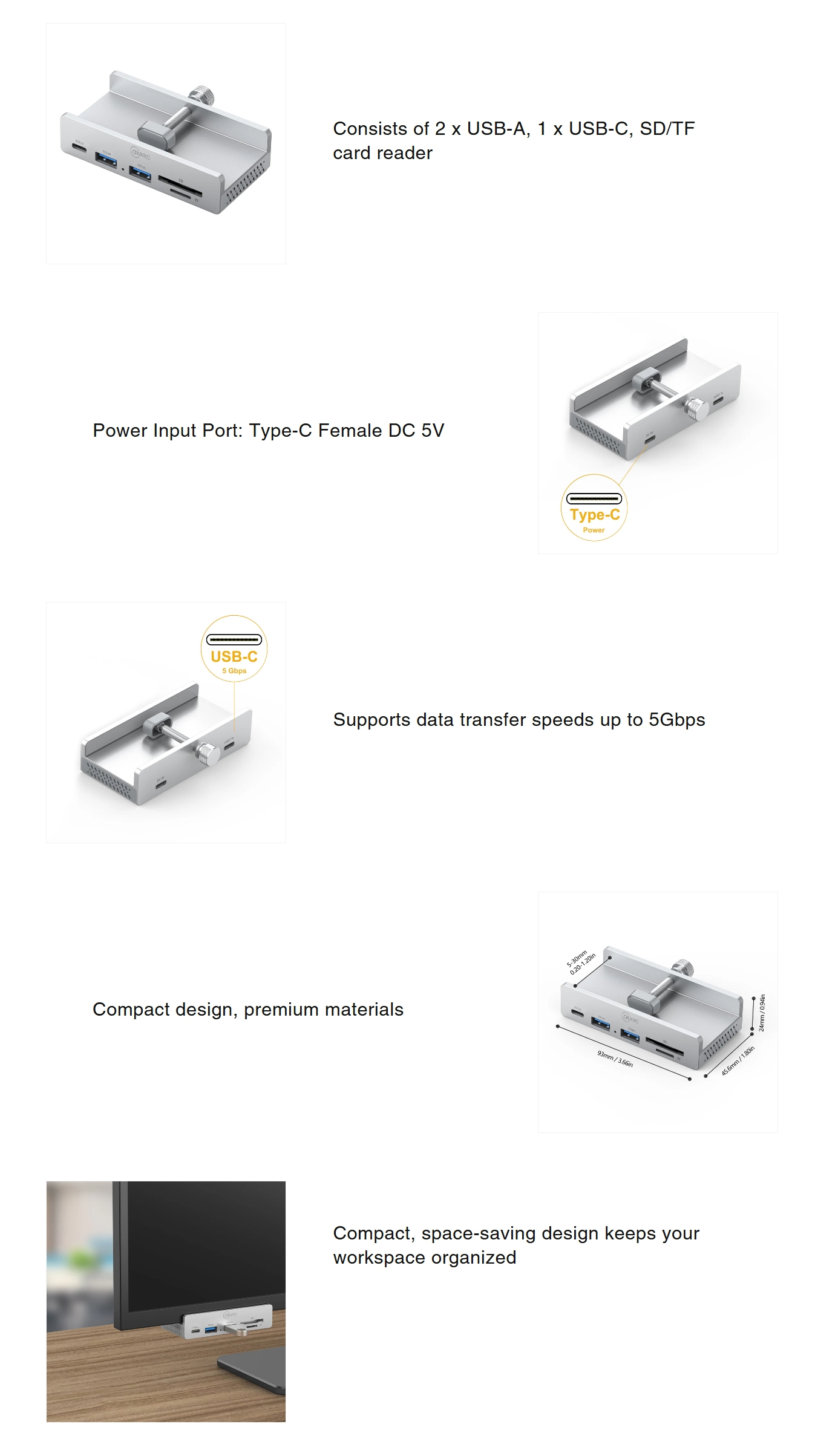 USB-Hubs-Cruxtec-5-Port-Aluminum-Clamp-USB-3-0-Hub-with-USB-C-Power-Supply-Port-and-Card-Reader-TC3-1C2ATS-SV-1