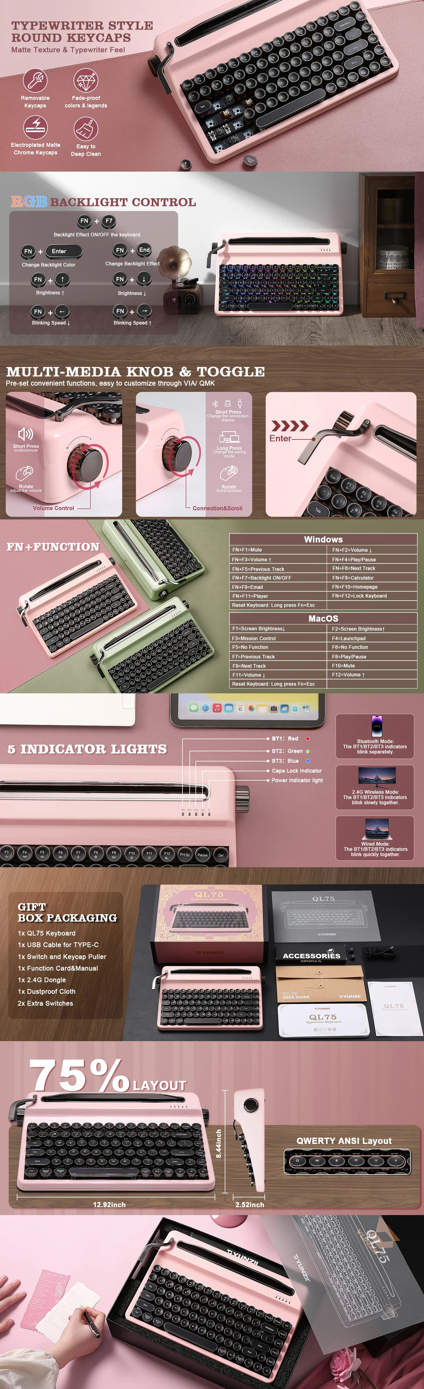 Keyboards-YUNZII-QL75-Retro-Typewriter-QMK-VIA-Pink-Mechanical-Keyboard-Onyx-Tactile-Switch-KBYZQL75PKOX-2