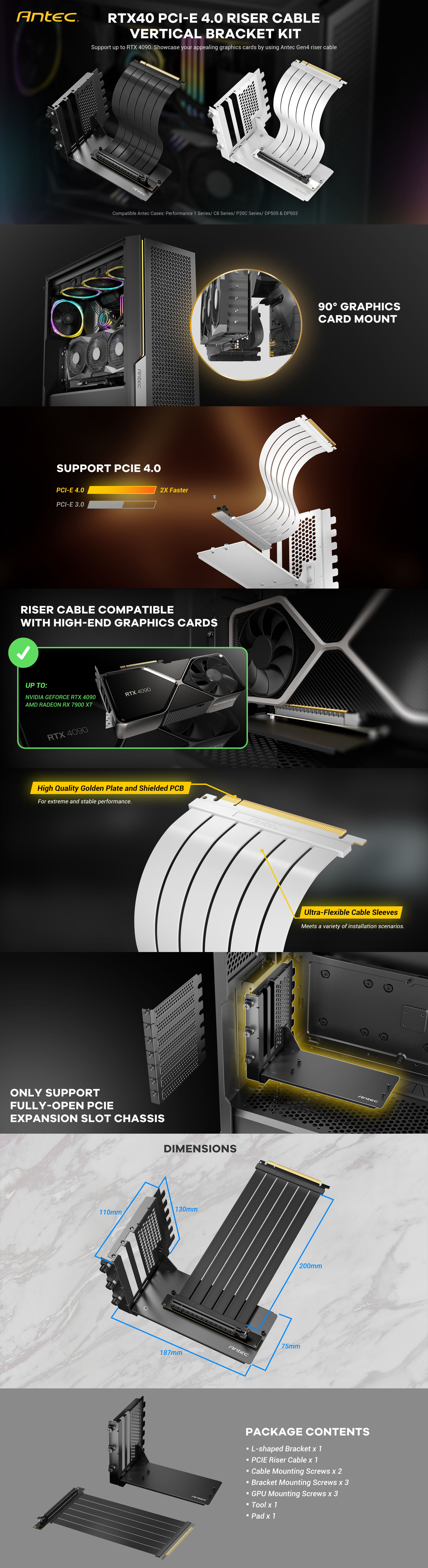 GPU-Accessories-Antec-200mm-Adjustable-Vertical-Bracket-High-Performance-PCIe-4-0-RTX40-Riser-Cable-White-AT-RCVB-W200-PCIE4-RTX40-1
