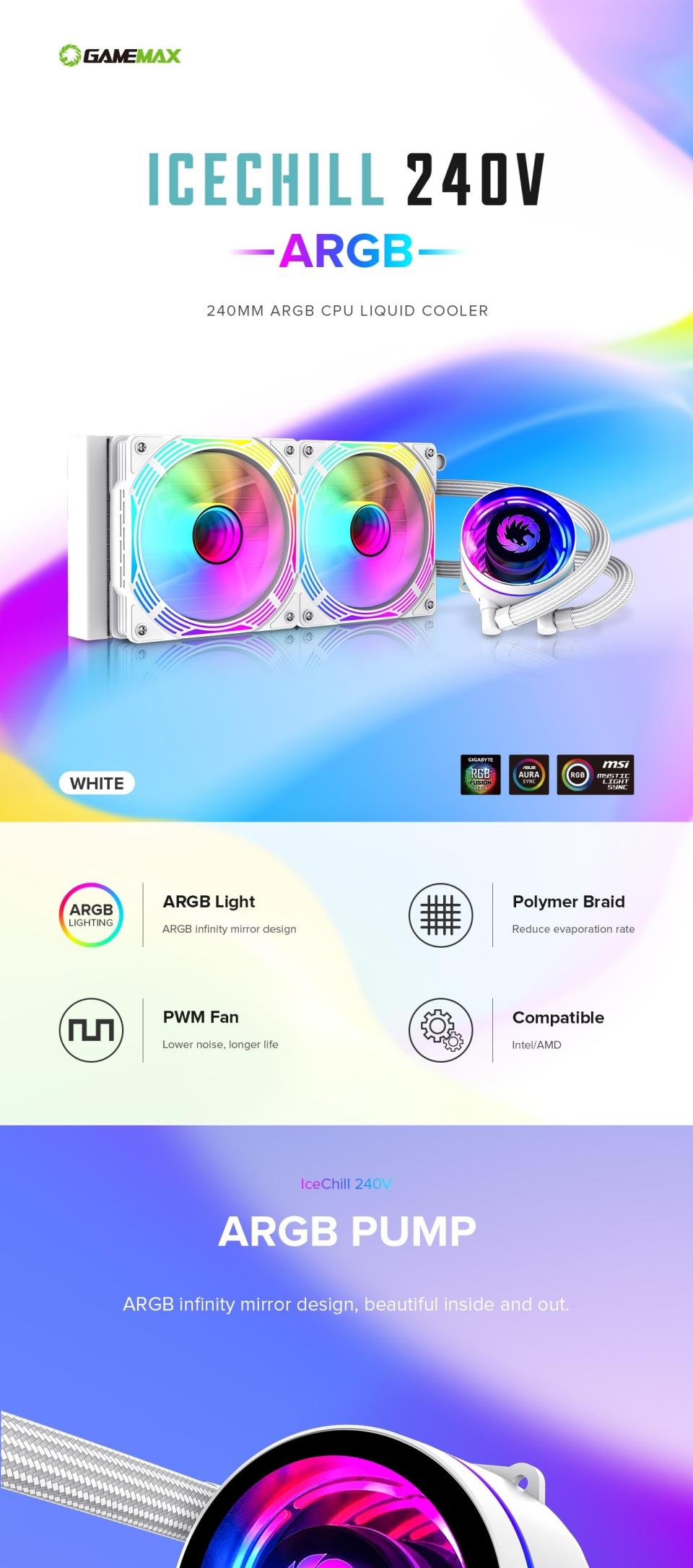 CPU-Cooling-GameMax-IceChill-240V-Liquid-CPU-Cooler-240mm-Addressable-RGB-PWM-Pump-Fans-250W-TDP-AIO-Water-Cooler-white-23