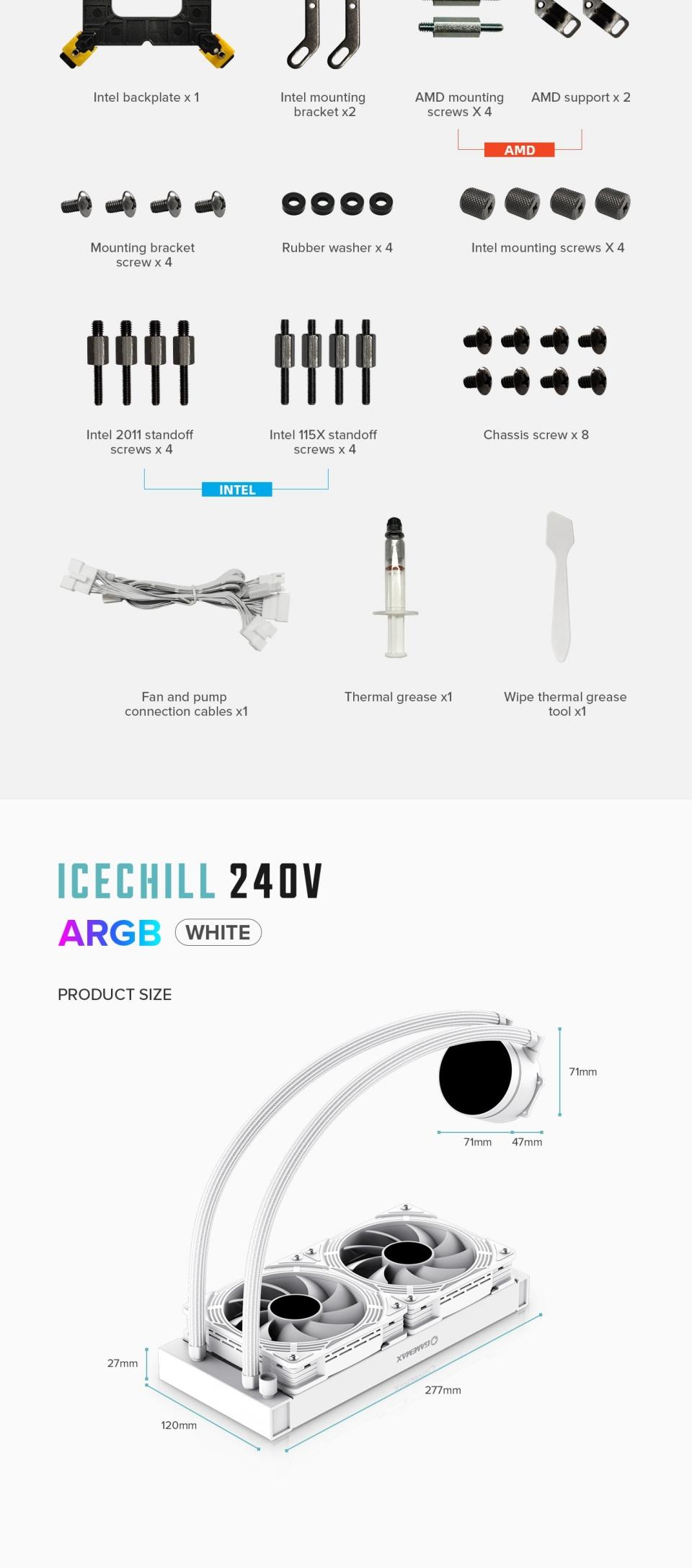 CPU-Cooling-GameMax-IceChill-240V-Liquid-CPU-Cooler-240mm-Addressable-RGB-PWM-Pump-Fans-250W-TDP-AIO-Water-Cooler-white-28