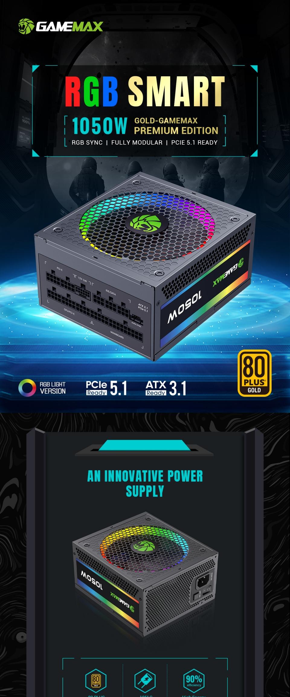 Power-Supply-PSU-Gamemax-RGB-1050W-80-Gold-Power-Supply-ATX3-0-PCIE5-14