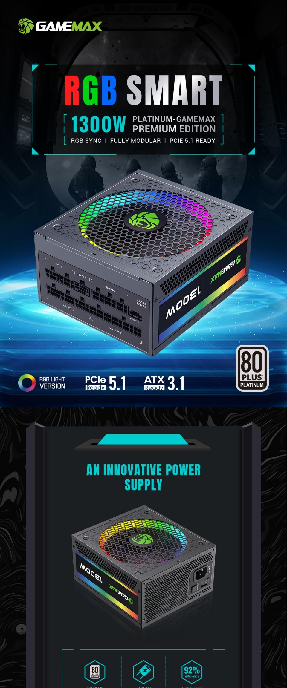 Power-Supply-PSU-Gamemax-RGB-1300W-80-Platinum-Power-Supply-ATX3-0-PCIE5-0-14