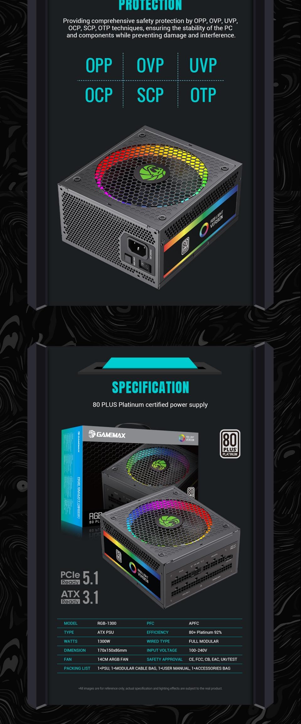 Power-Supply-PSU-Gamemax-RGB-1300W-80-Platinum-Power-Supply-ATX3-0-PCIE5-0-20