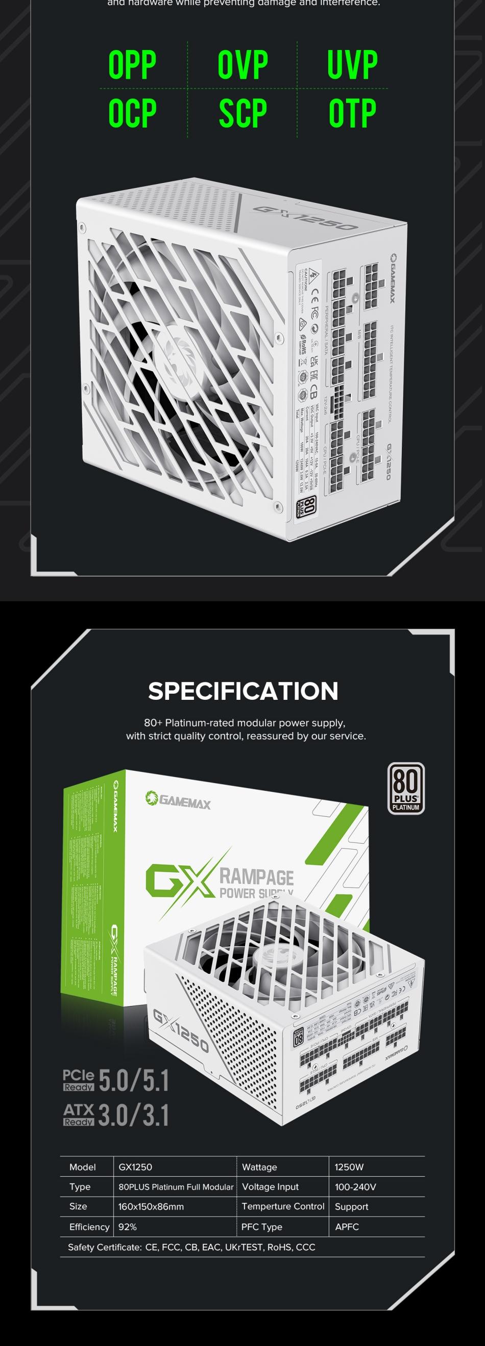 Power-Supply-PSU-Gamemax-GX-1250-PRO-White-1250W-80-Platinum-Power-Supply-ATX3-0-PCIE5-0-24