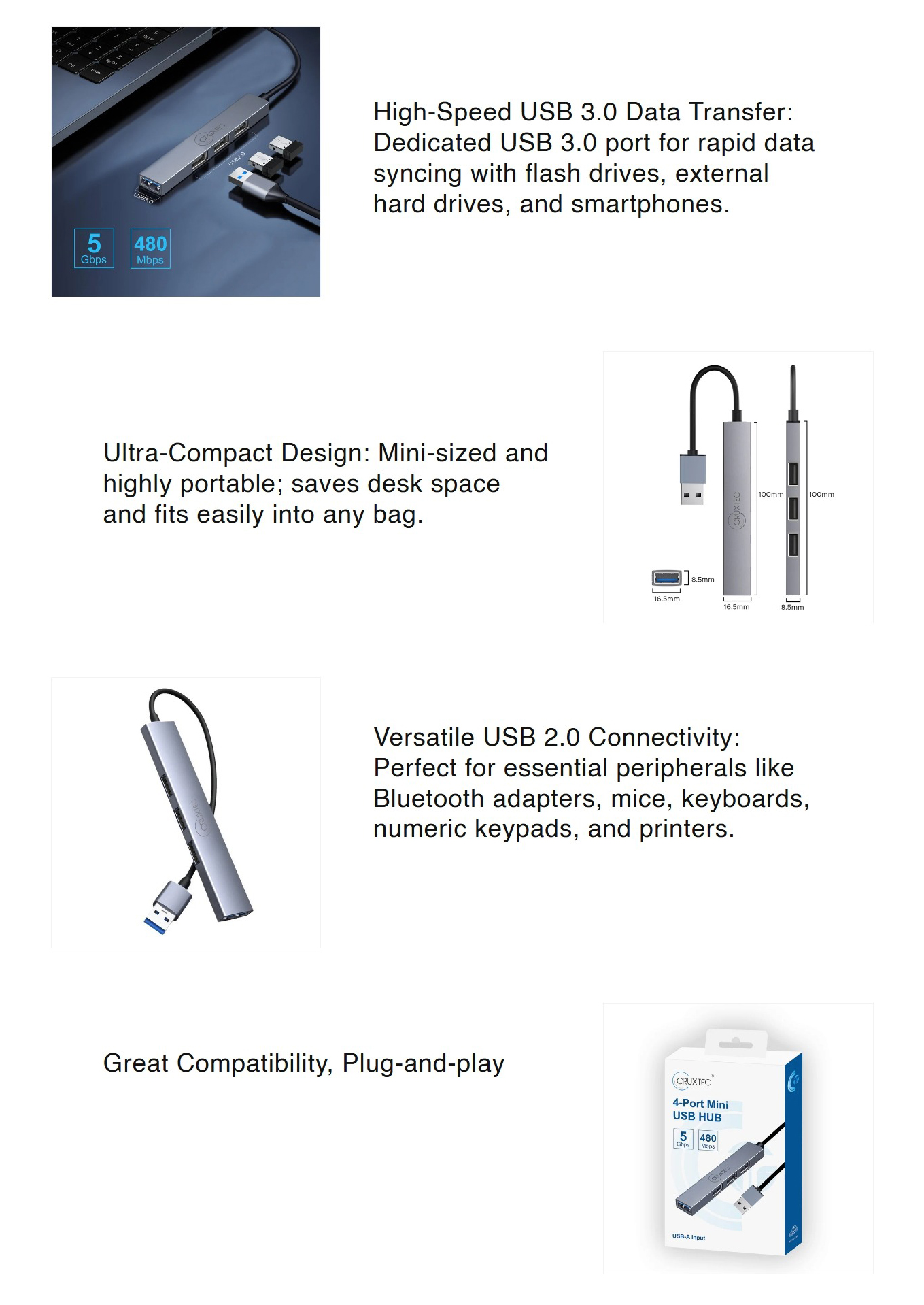USB-Hubs-Cruxtec-4-Port-High-Speed-USB-A-3-0-Hub-Ultra-Slim-Design-MU3-H4-SG-1