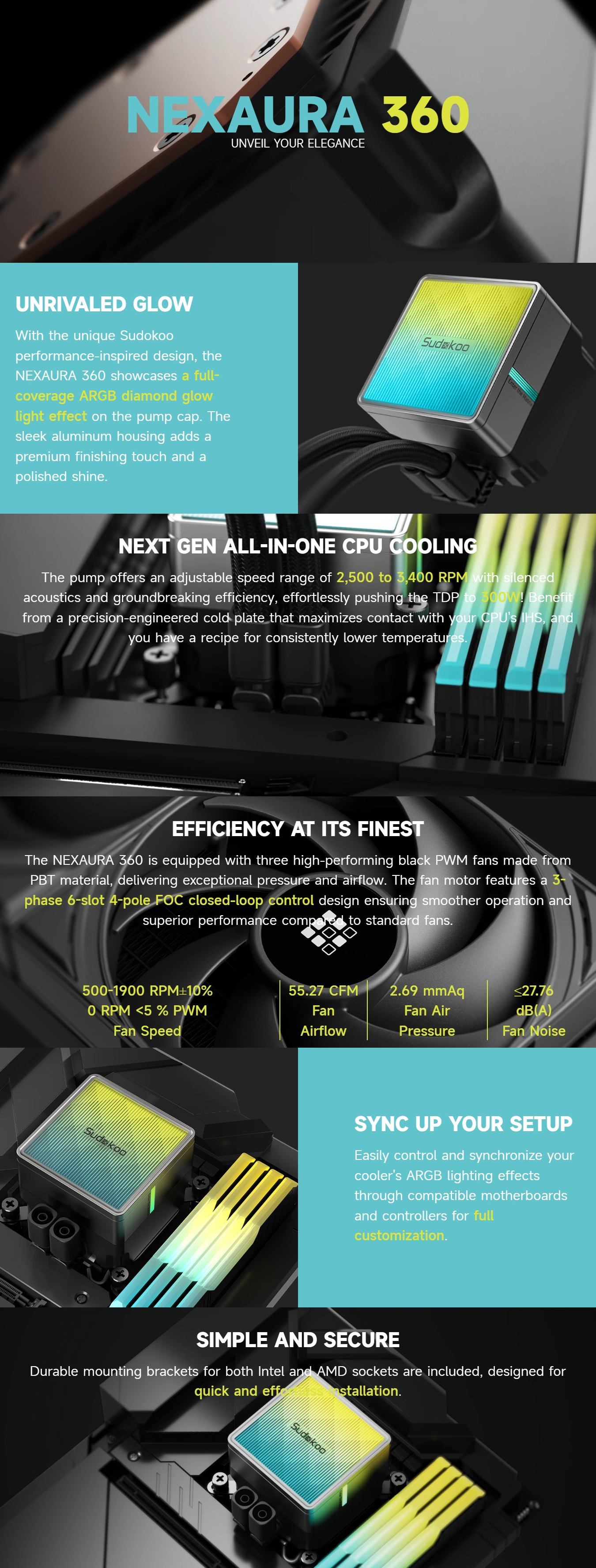 CPU-Cooling-Sudokoo-NEXAURA-360mm-AIO-Liquid-CPU-Cooler-with-ARGB-LED-Pump-Black-NEXAURA360-1