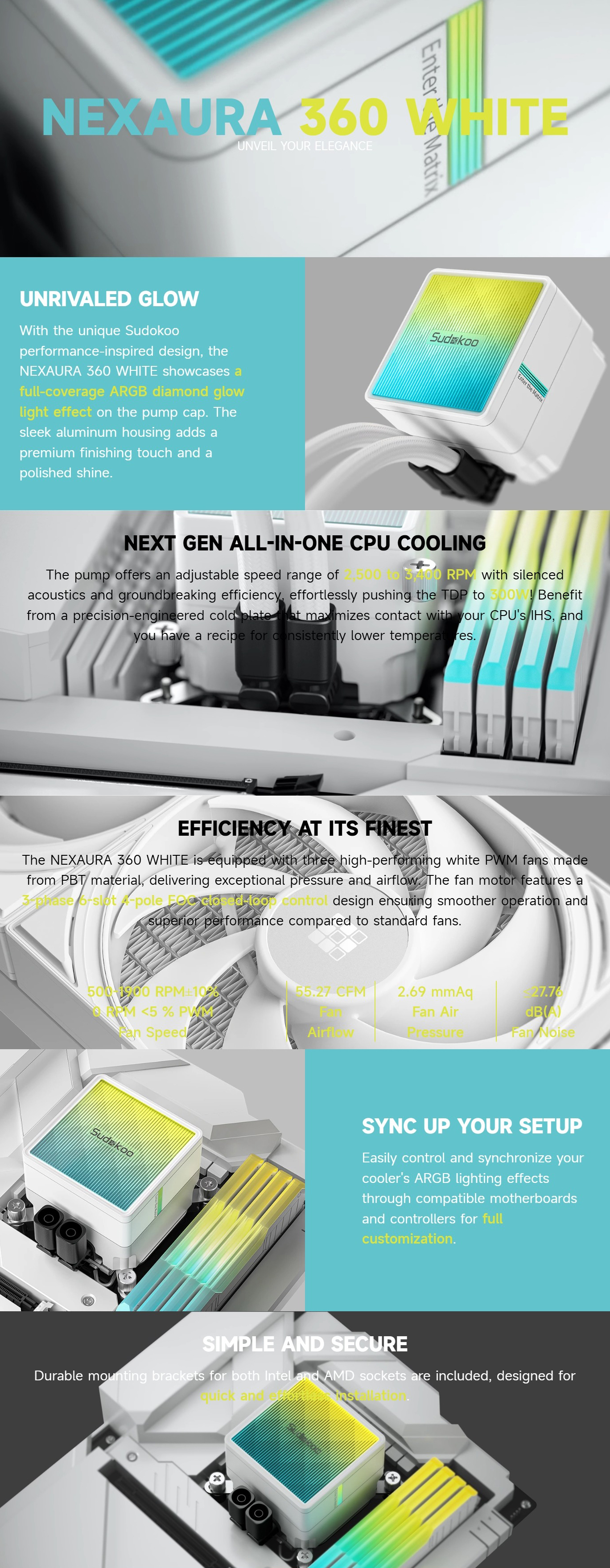 CPU-Cooling-Sudokoo-NEXAURA-360mm-AIO-Liquid-CPU-Cooler-with-ARGB-LED-Pump-White-NEXAURA360-WHITE-1