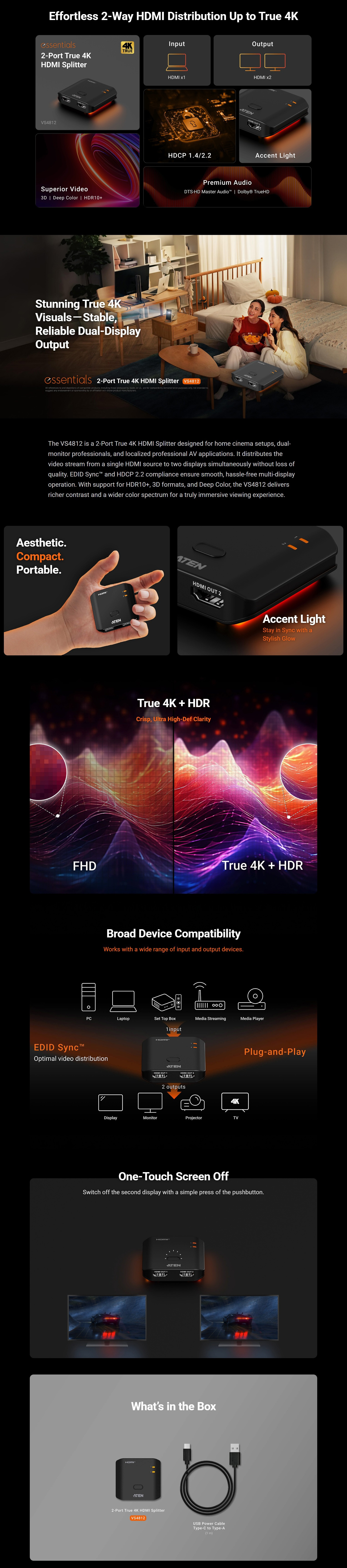 Display-Adapters-Aten-VS4812-Essentials-2-Port-True-4K-HDMI-Splitter-VS4812-AT-1