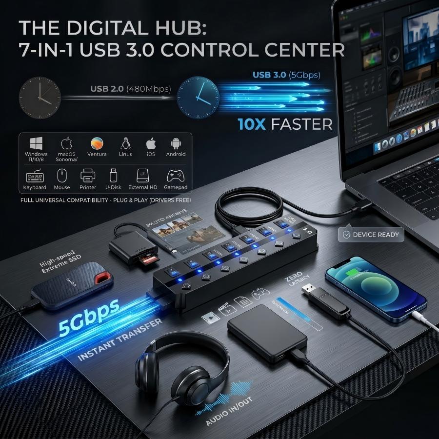 USB Hub 3.0 7-Port USB Hub Splitter with Individual On/Off Switches, 1 ...