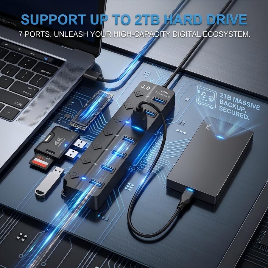 USB Hub 3.0 7-Port USB Hub Splitter with Individual On/Off Switches, 1 ...