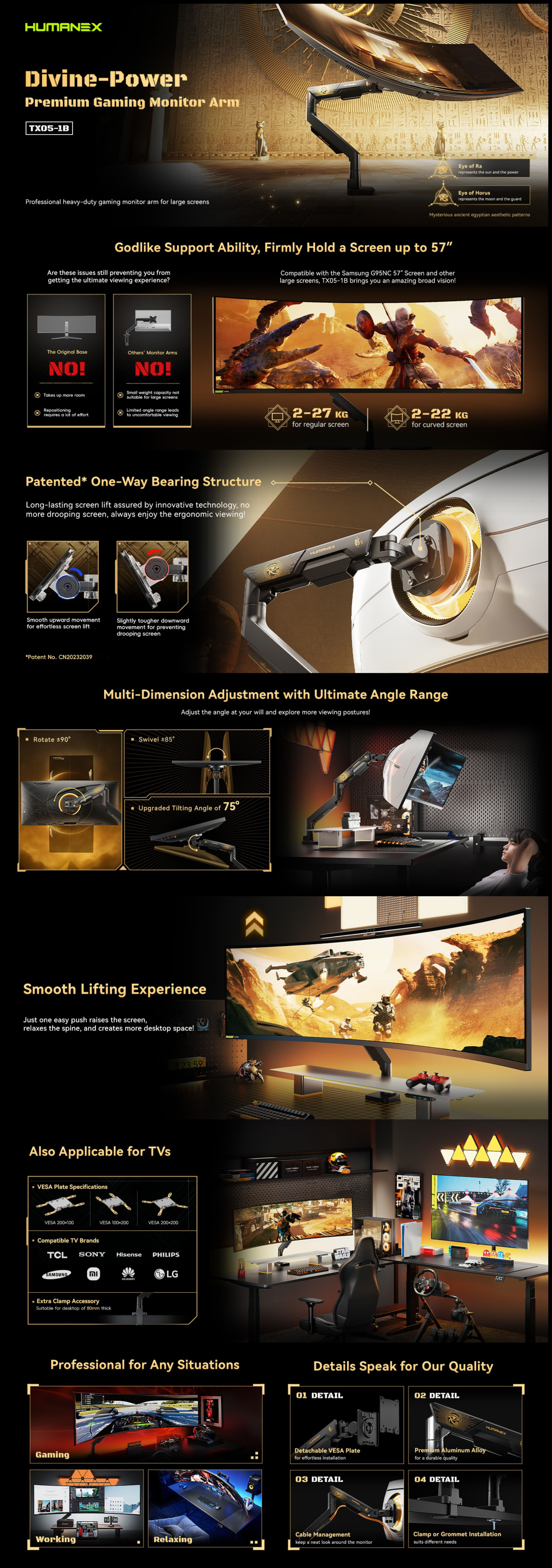 Monitor-Accessories-Humanmotion-Humanex-Divine-Power-Premium-Gaming-Single-Monitor-Arm-Black-TX05-1B-1