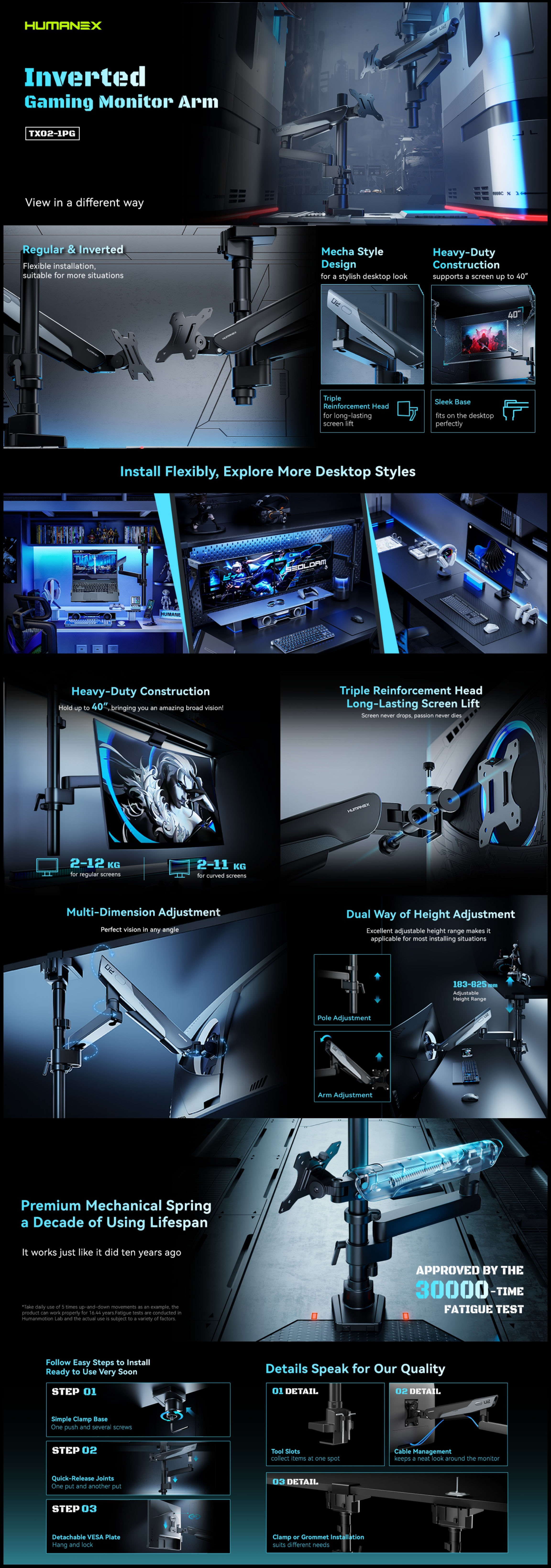Monitor-Accessories-Humanmotion-Humanex-Single-Gaming-Inverted-Monitor-Arm-Matte-Black-Titanium-Grey-TX02-1PG-1