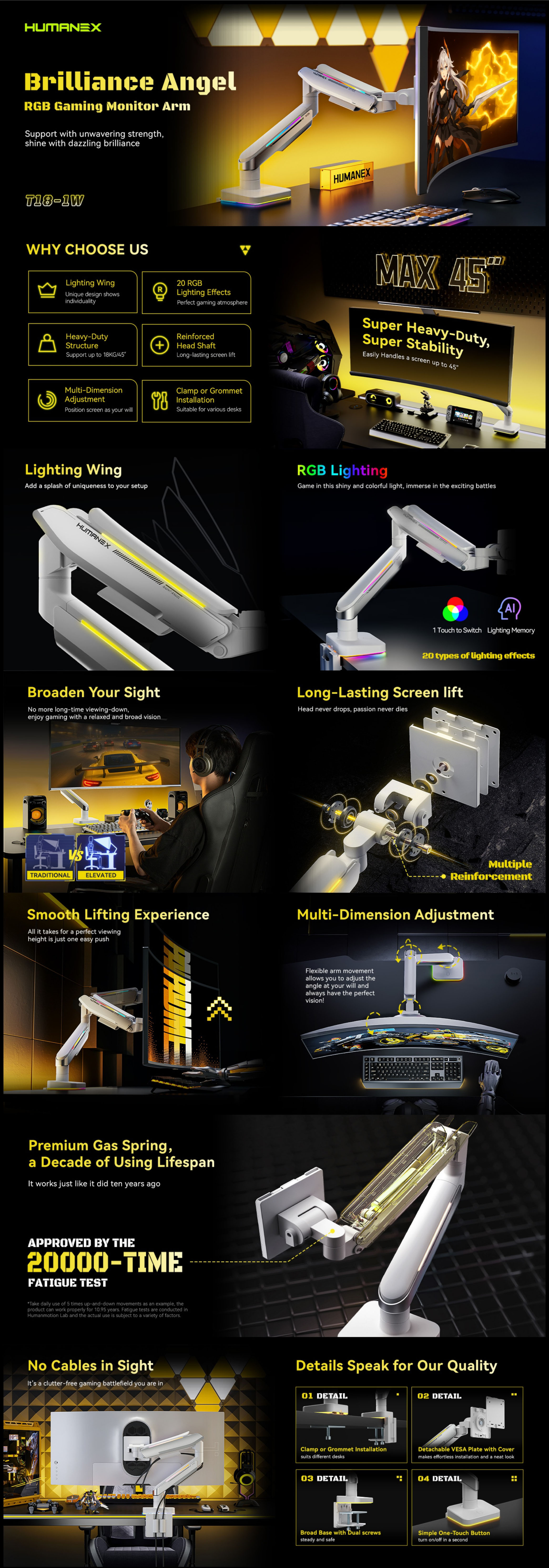 Monitor-Accessories-Humanmotion-T18-Brilliance-Angel-RGB-Single-Screen-Heavy-Duty-Aluminum-Steel-Monitor-Arm-for-up-to-17in-49in-2-20kg-T18-1W-1