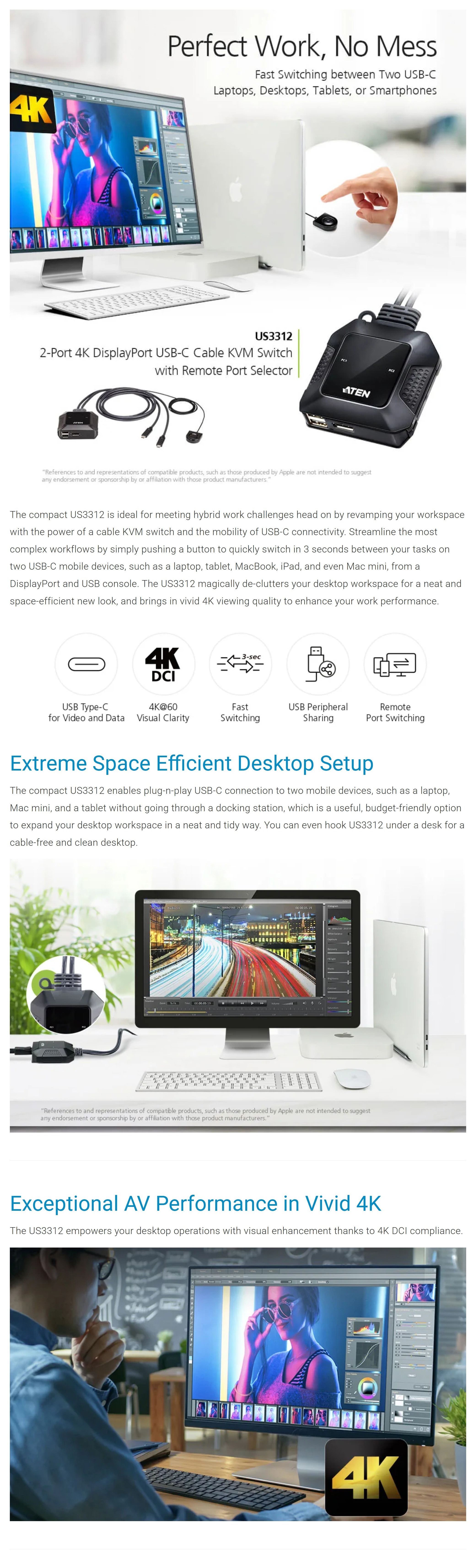 KVM-Switches-Aten-2-Port-4K-DisplayPort-USB-C-Cable-KVM-Switch-with-Remote-Port-Selector-US3312-AT-1