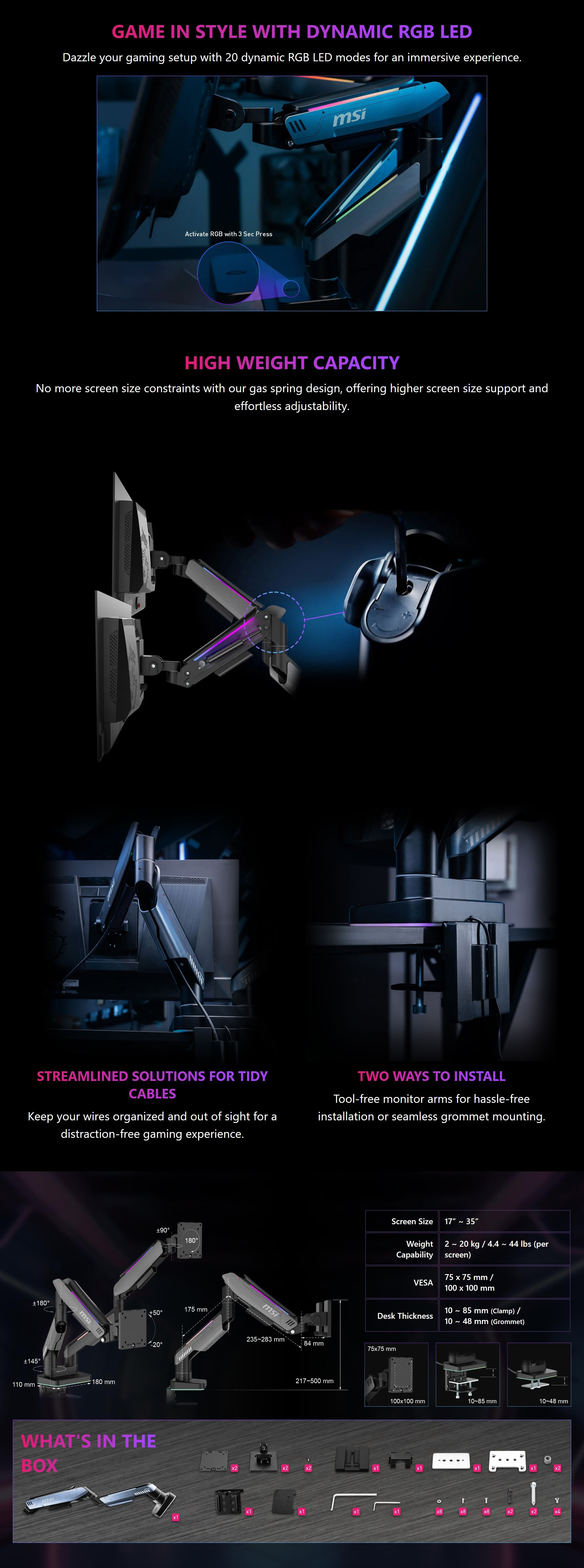Monitor-Accessories-MSI-MPG-RGB-Dual-Monitor-Economical-Spring-Assisted-Monitor-Arm-Support-Black-Grey-MPG-MT201DRG-2 Monitor-Accessories-MSI-MPG-RGB-Dual-Monitor-Economical-Spring-Assisted-Monitor-Arm-Support-Black-Grey-MPG-MT201DRG-2