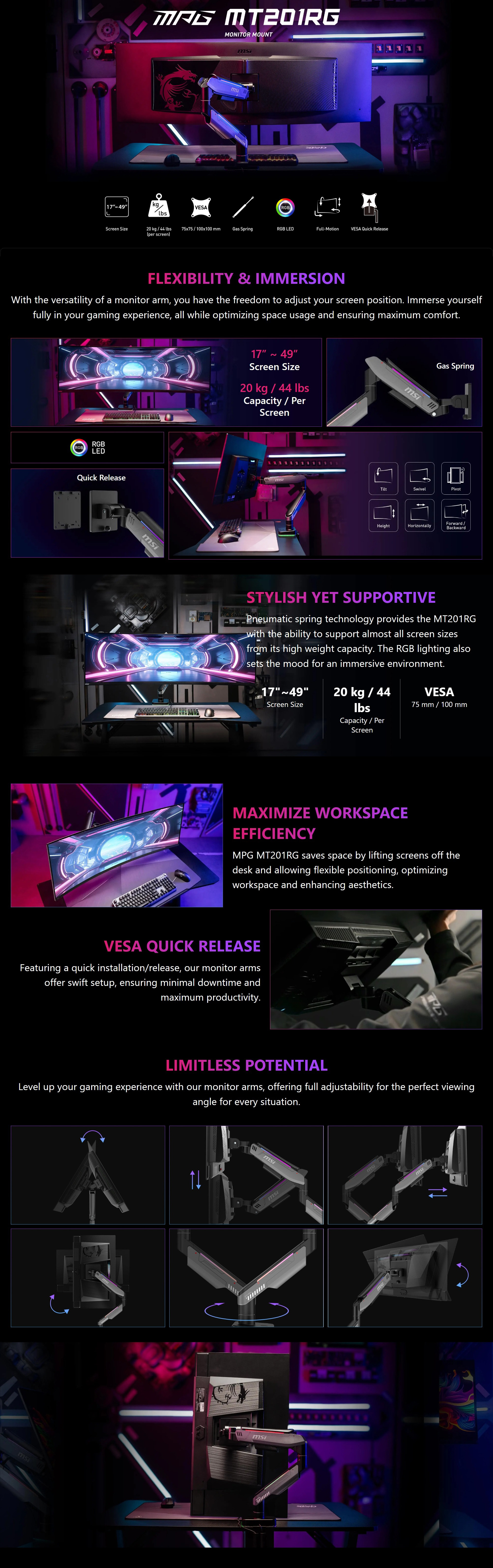 Monitor-Accessories-MSI-MPG-RGB-Single-Monitor-Economical-Spring-Assisted-Monitor-Arm-Support-Black-Grey-MPG-MT201RG-1 Monitor-Accessories-MSI-MPG-RGB-Single-Monitor-Economical-Spring-Assisted-Monitor-Arm-Support-Black-Grey-MPG-MT201RG-1