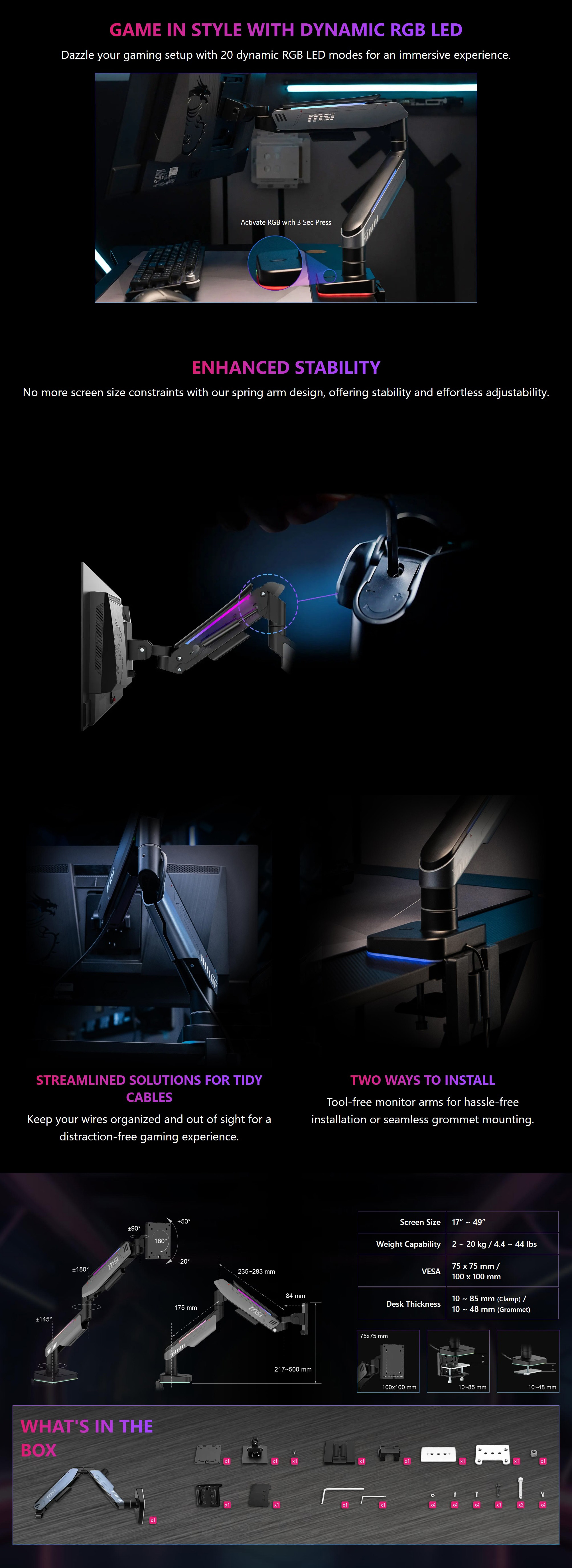Monitor-Accessories-MSI-MPG-RGB-Single-Monitor-Economical-Spring-Assisted-Monitor-Arm-Support-Black-Grey-MPG-MT201RG-2 Monitor-Accessories-MSI-MPG-RGB-Single-Monitor-Economical-Spring-Assisted-Monitor-Arm-Support-Black-Grey-MPG-MT201RG-2