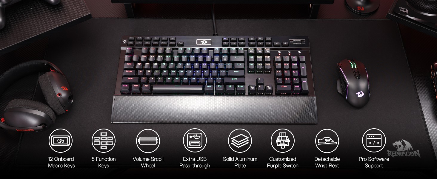 Keyboards-Redragon-K550-RGB-Gaming-104-Keys-12-Macro-G-Keys-Wired-Mechanical-Keyboard-Custom-Clicky-Purple-Switch-Extra-USB-Port-Wrist-Rest-12 Keyboards-Redragon-K550-RGB-Gaming-104-Keys-12-Macro-G-Keys-Wired-Mechanical-Keyboard-Custom-Clicky-Purple-Switch-Extra-USB-Port-Wrist-Rest-12