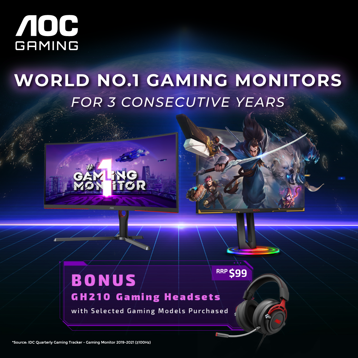 AOC 2022 No.1 Gaming Monitor Bonus Free GH210 Gaming Headsets End-User Promotion