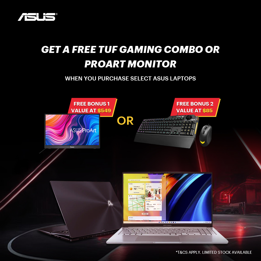 Get a Bonus TUF Gaming Keyboard and Mouse Combo or a ProArt Monitor with Select Asus Laptops