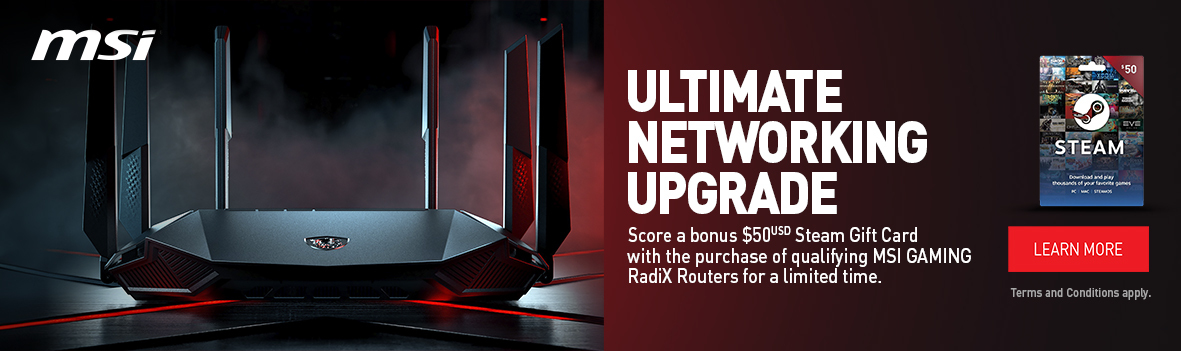 Score a bonus $50 Steam Gift Card with the purchase of qualifying MSI GAMING RadiX Routers 