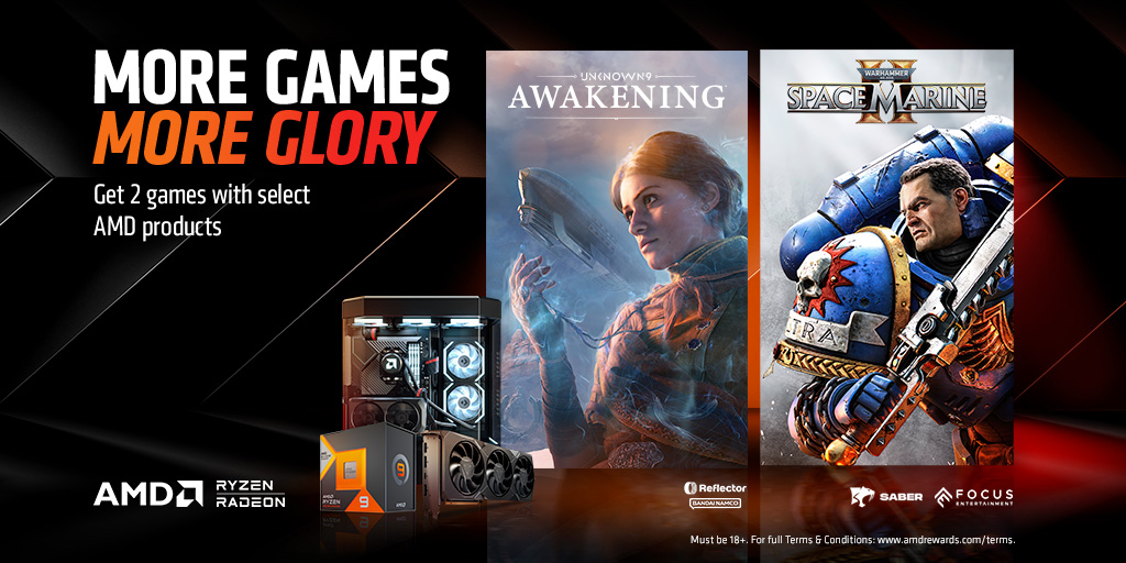 Get 2 games when you buy select AMD Ryzen™ processors, AMD Radeon™ RX Series graphics cards or AMD configured systems.*