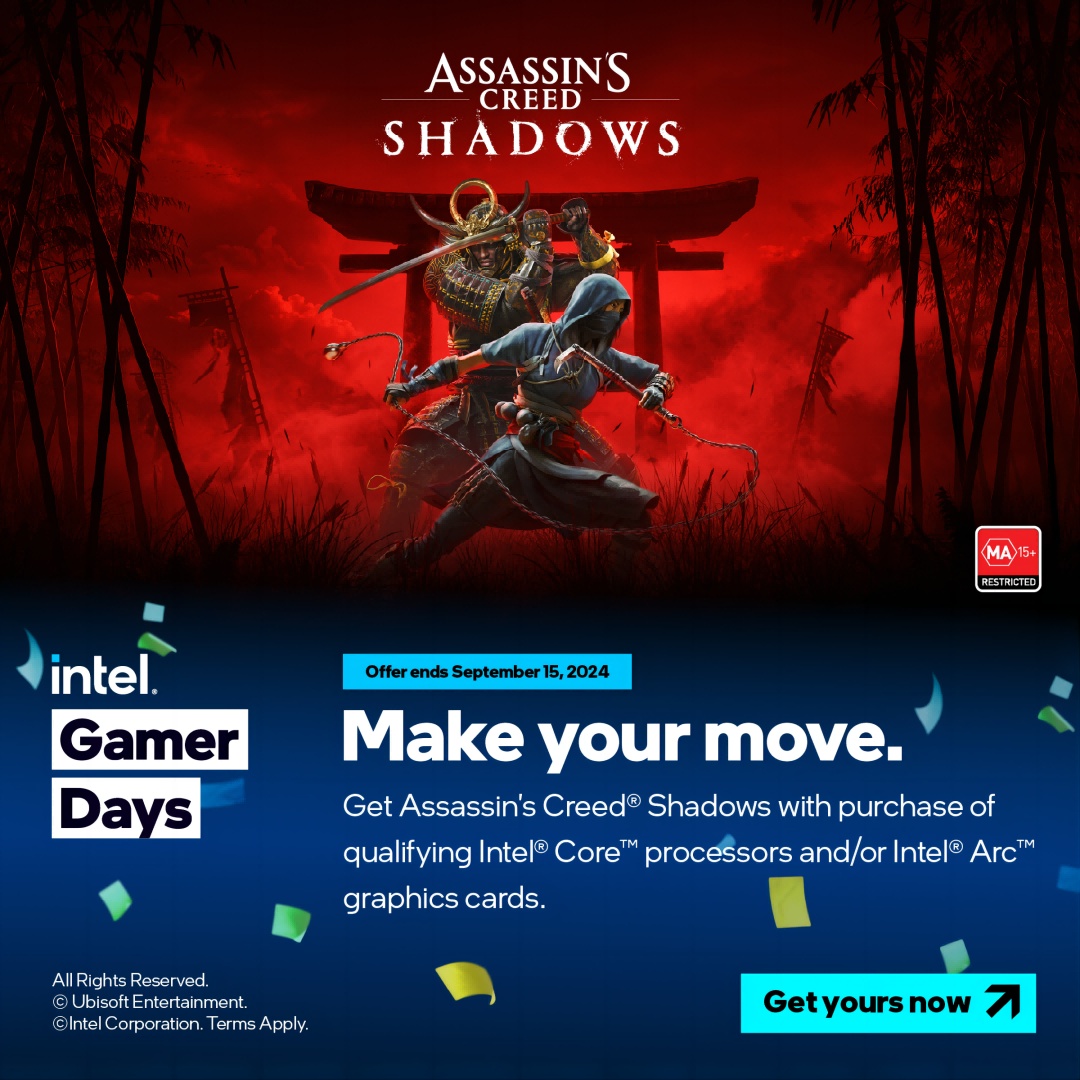  Get Assassin's Creed® Shadows with purchase of qualifying Intel® Core™ processors and/or Intel® Arc™ graphics cards