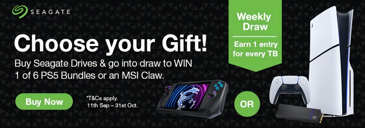 Choose your Gift! Buy Seagate Drives & go into draw to Win 1 of 6 PS5 Bundles or an MSI Claw.